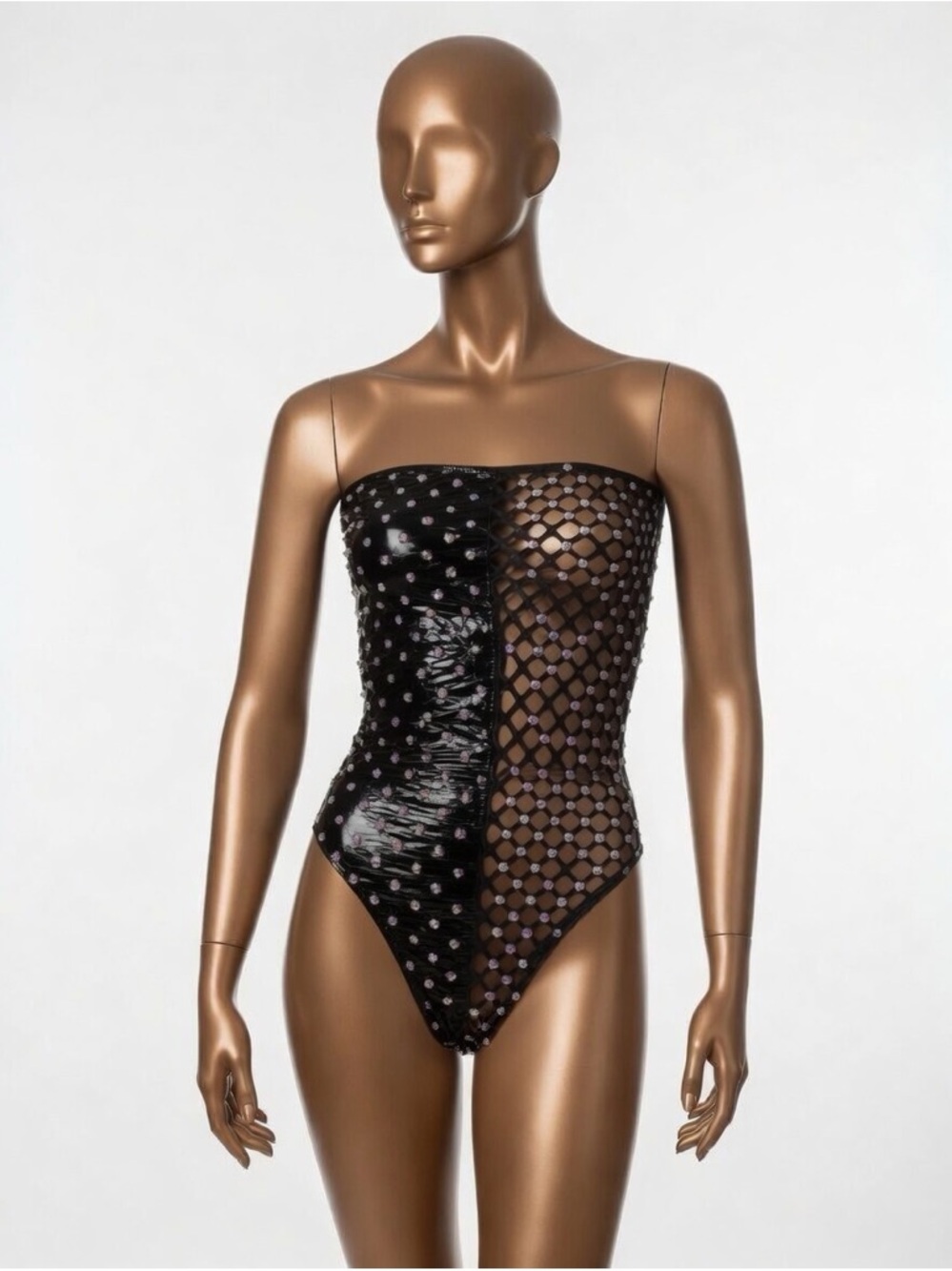 Source Unknown Black Patent & Sheer Polka Dot Strapless Bodysuit